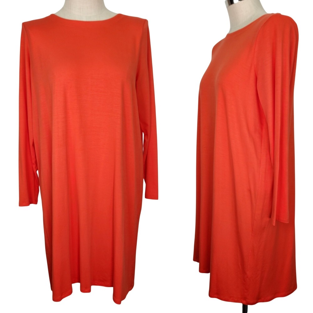 Eileen Fisher Red Tencel Jersey Knit V-Back Shift Dress Large Long Sleeve S18FTJ